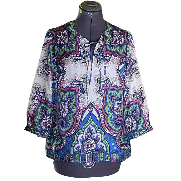Talbots Petite Silk 3/4 Sleeve V- Neck Paisley Blouse Multicolored Size 10P - Picture 1 of 10